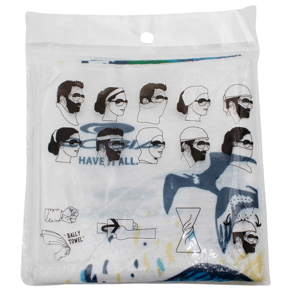 A packaged white neck gaiter printed with faces showing ways to wear it.
