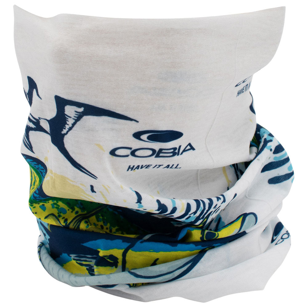 A white COBIA neck gaiter or face covering with the blue COBIA logo, and a multicolor tropical print in blue, green, and yellow on a white background.