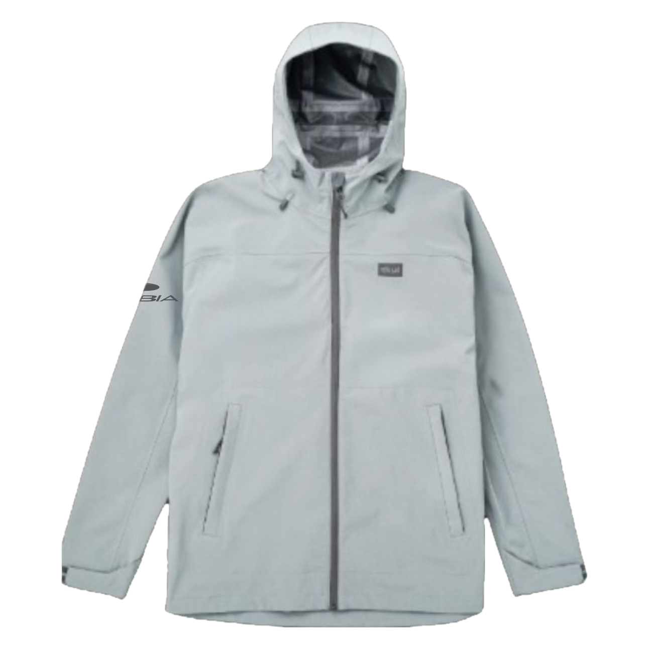 A light gray hooded jacket with a full front zipper, zippered hand pockets, and a small chest logo patch, shown against a plain white background.