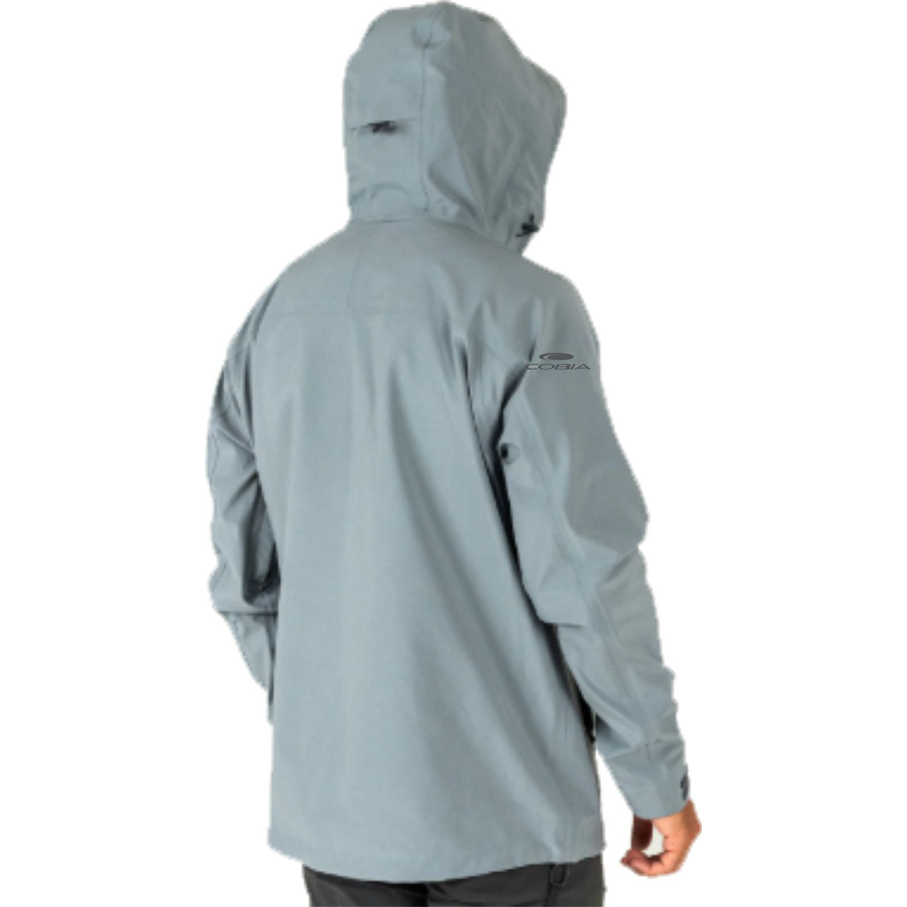 A person shown from the back wearing a hooded jacket in a light grayish color, featuring the cobia logo on the sleeve.