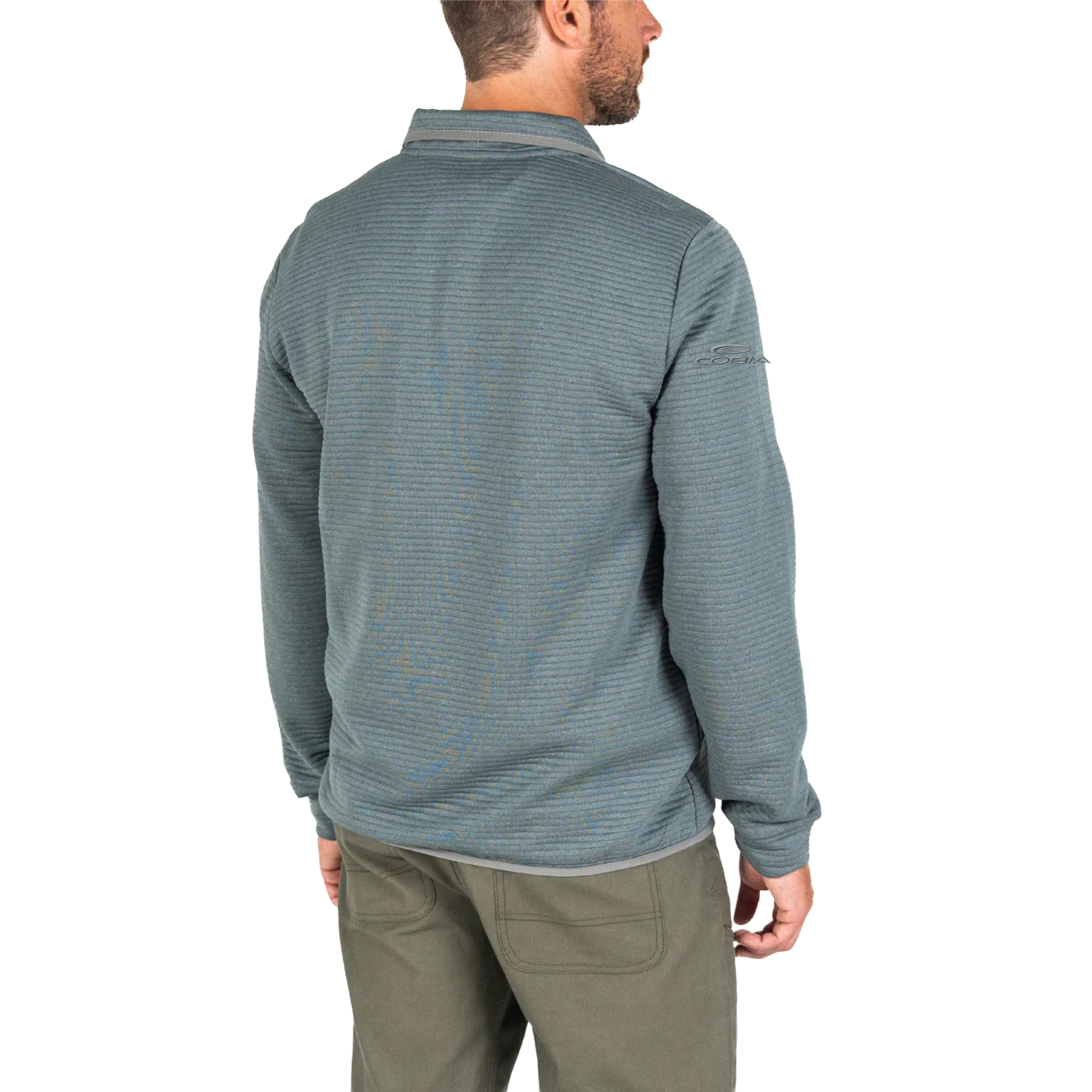 A man wearing a slate blue-gray long-sleeve quarter-zip fleece pullover, shown from the back against a plain white background.