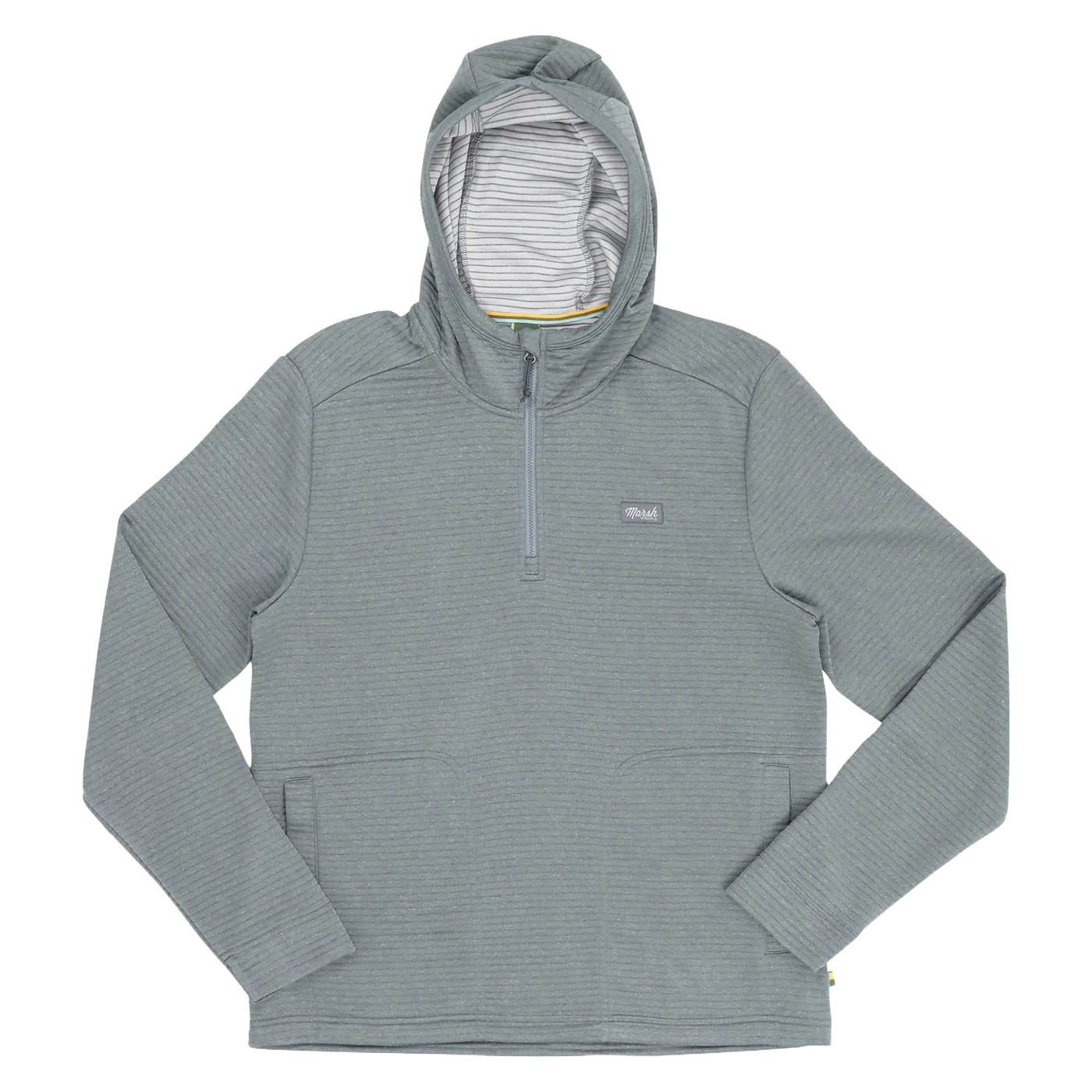 Front of a grey hooded long sleeve with a ribbed texture and a quarter zip.