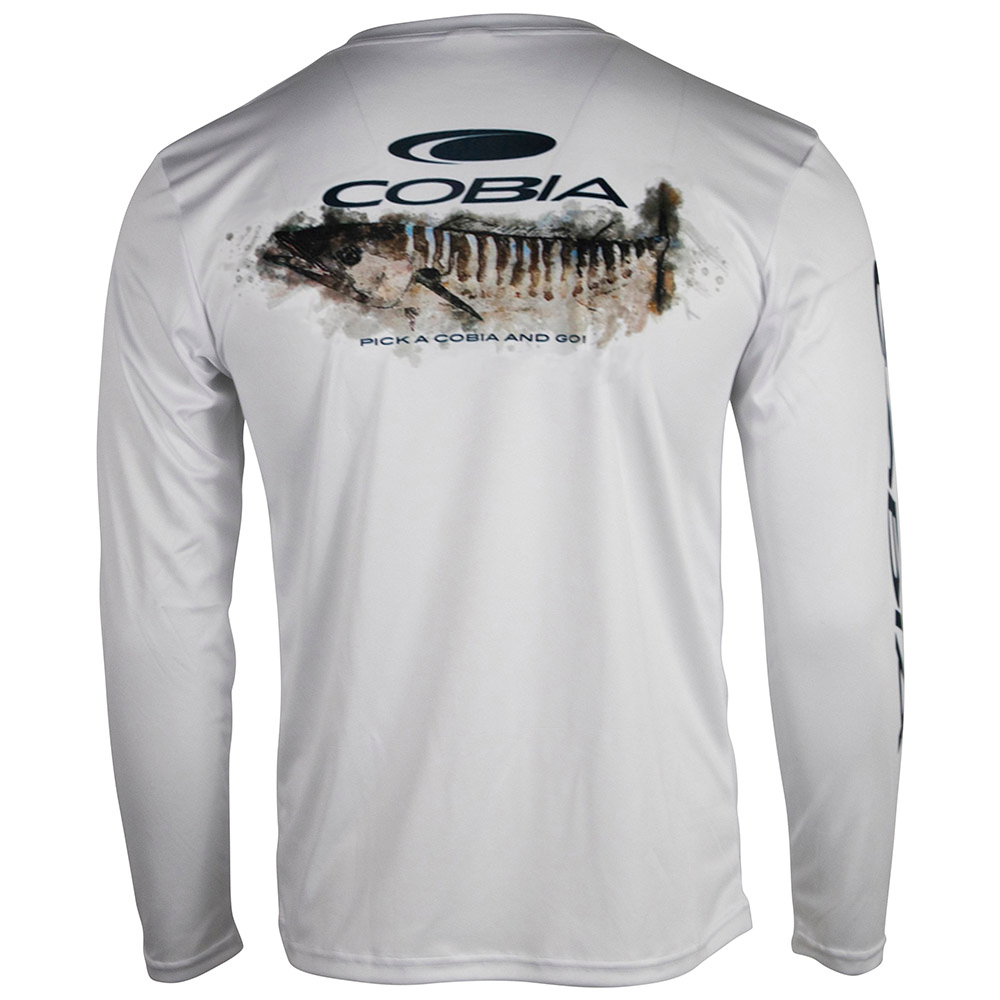 Back of gray long-sleeve shirt with 'Cobia' logo and fish image across the back. 
