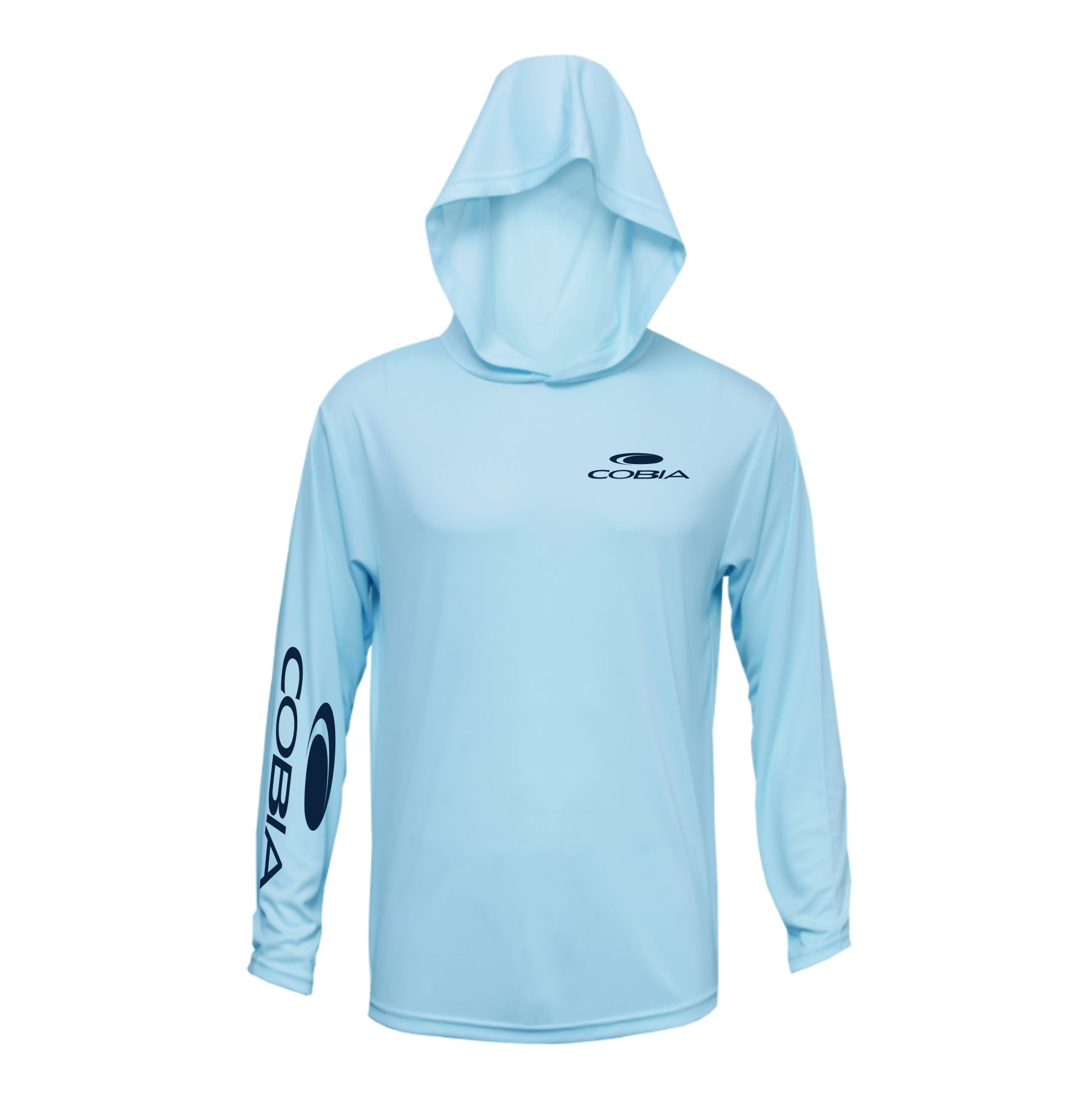 Light blue hoodie with Cobia logo on the sleeve and left chest.