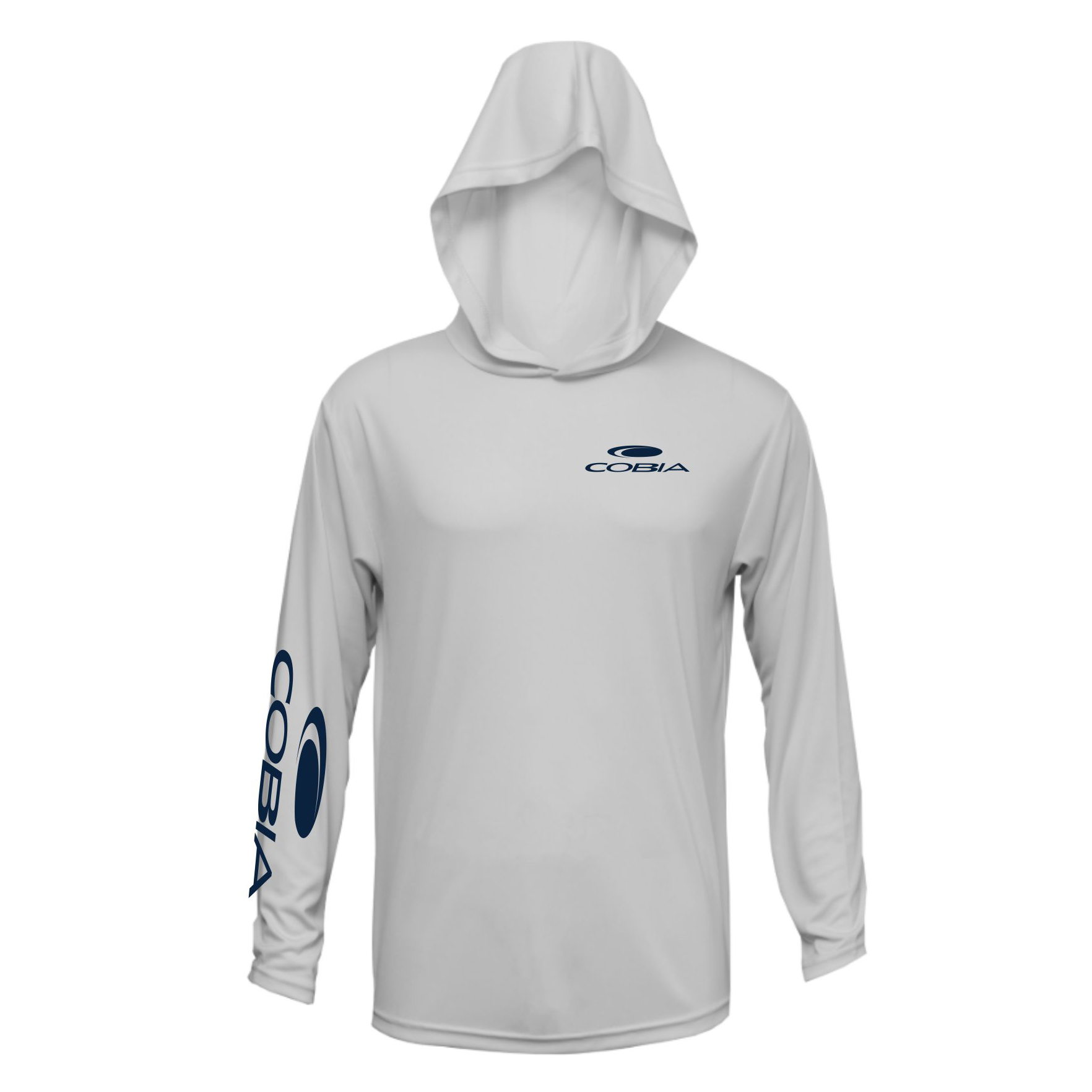Gray hoodie with a blue cobia logo on the sleeve and left chest.