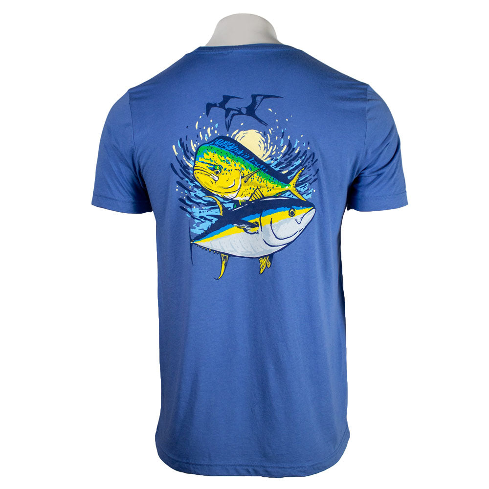 Back of a blue tee shirt with a yellow and blue illustration of two fish under water. 