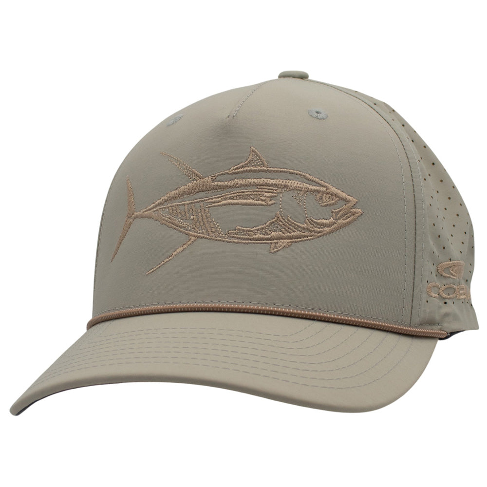 Light beige cap with a rope across the bill and a fish design on the front.