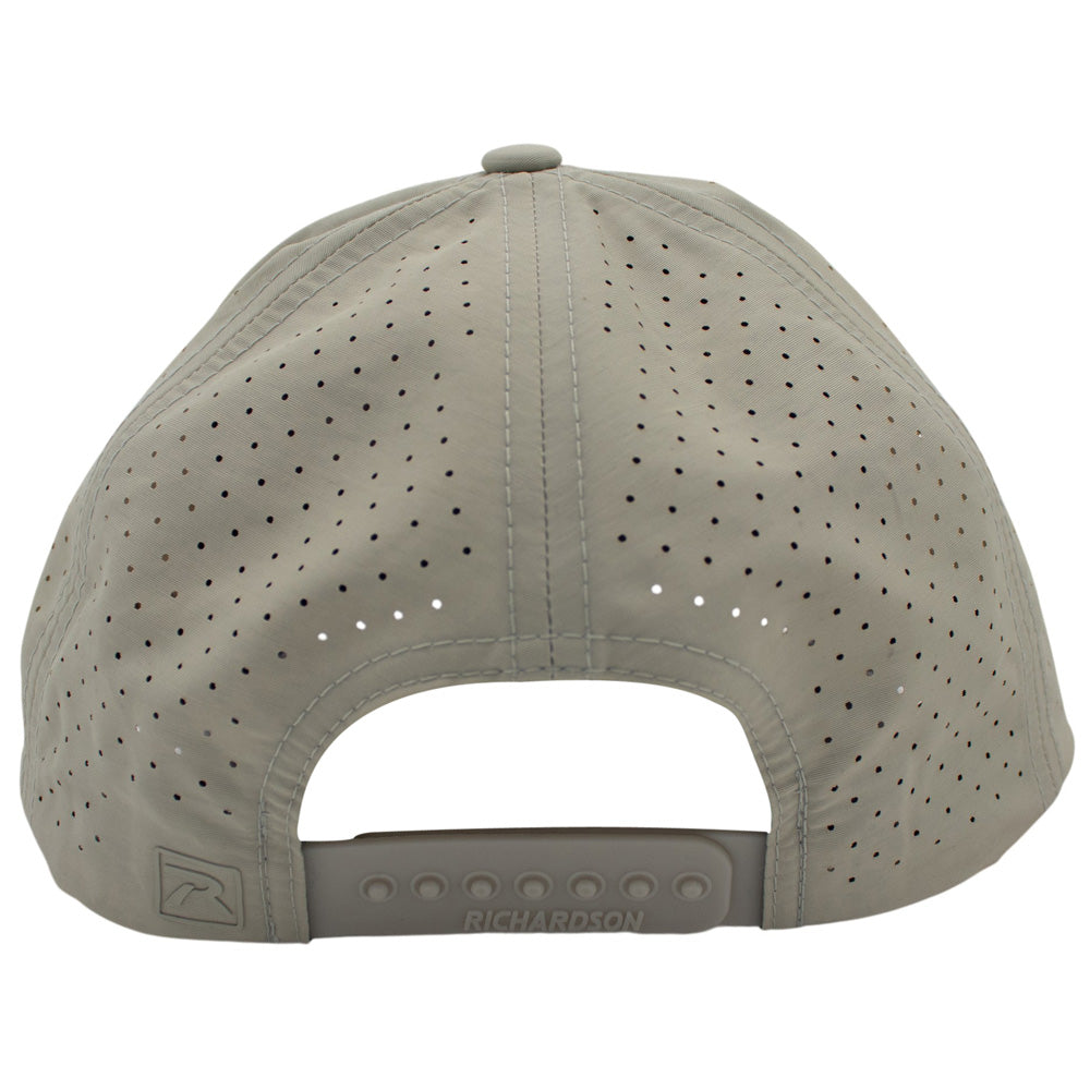 Back of a light beige cap with ventilation holes and a snapback closure.