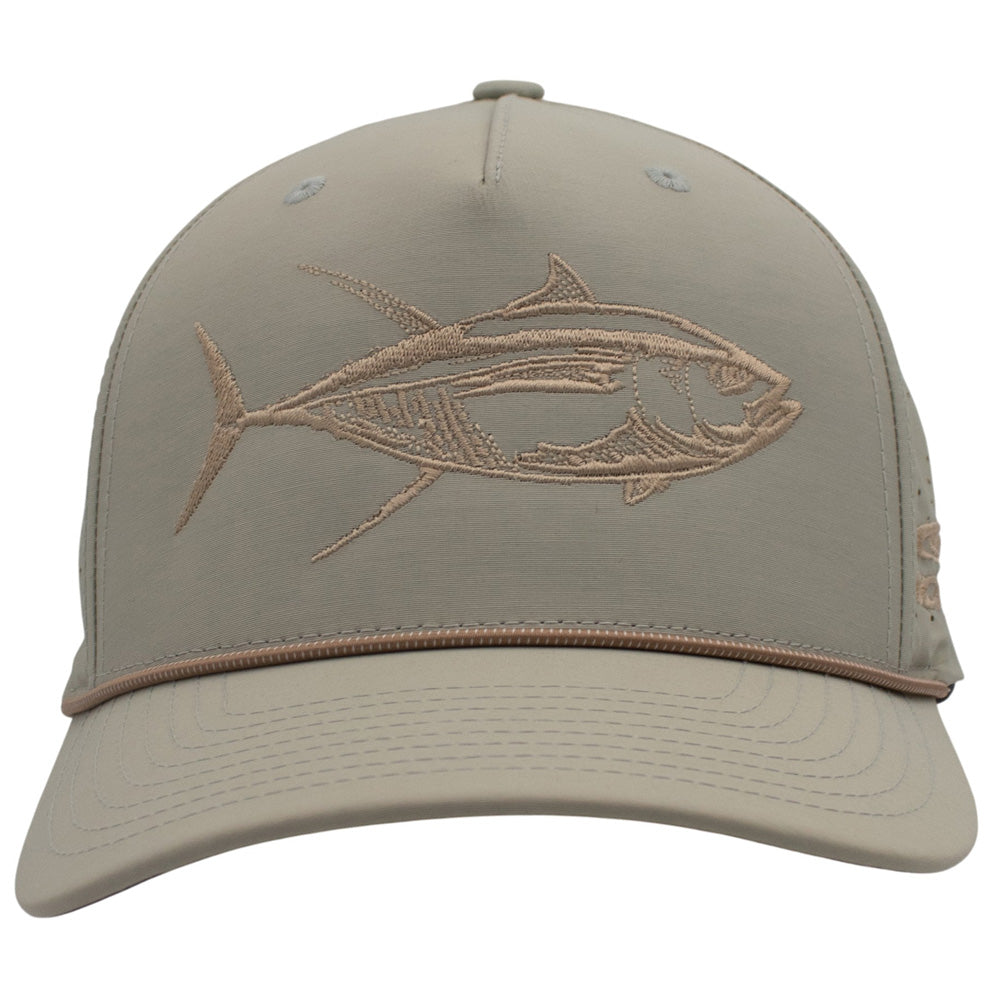 Light beige cap with a rope across the bill and a beige fish design sewn on the front.