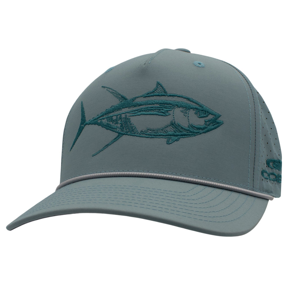 Light blue cap with a rope across the bill and a teal fish design on the front.