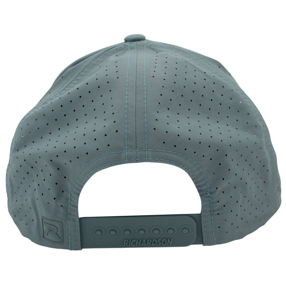 Back of a light blue cap with ventilation holes and a snapback closure.