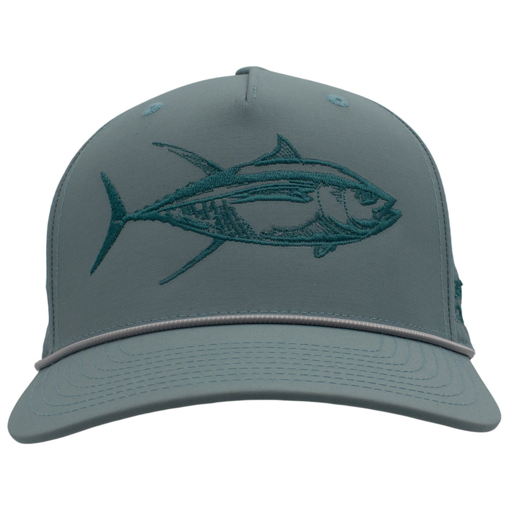 Light blue cap with a rope across the bill and a fish design sewn on the front.