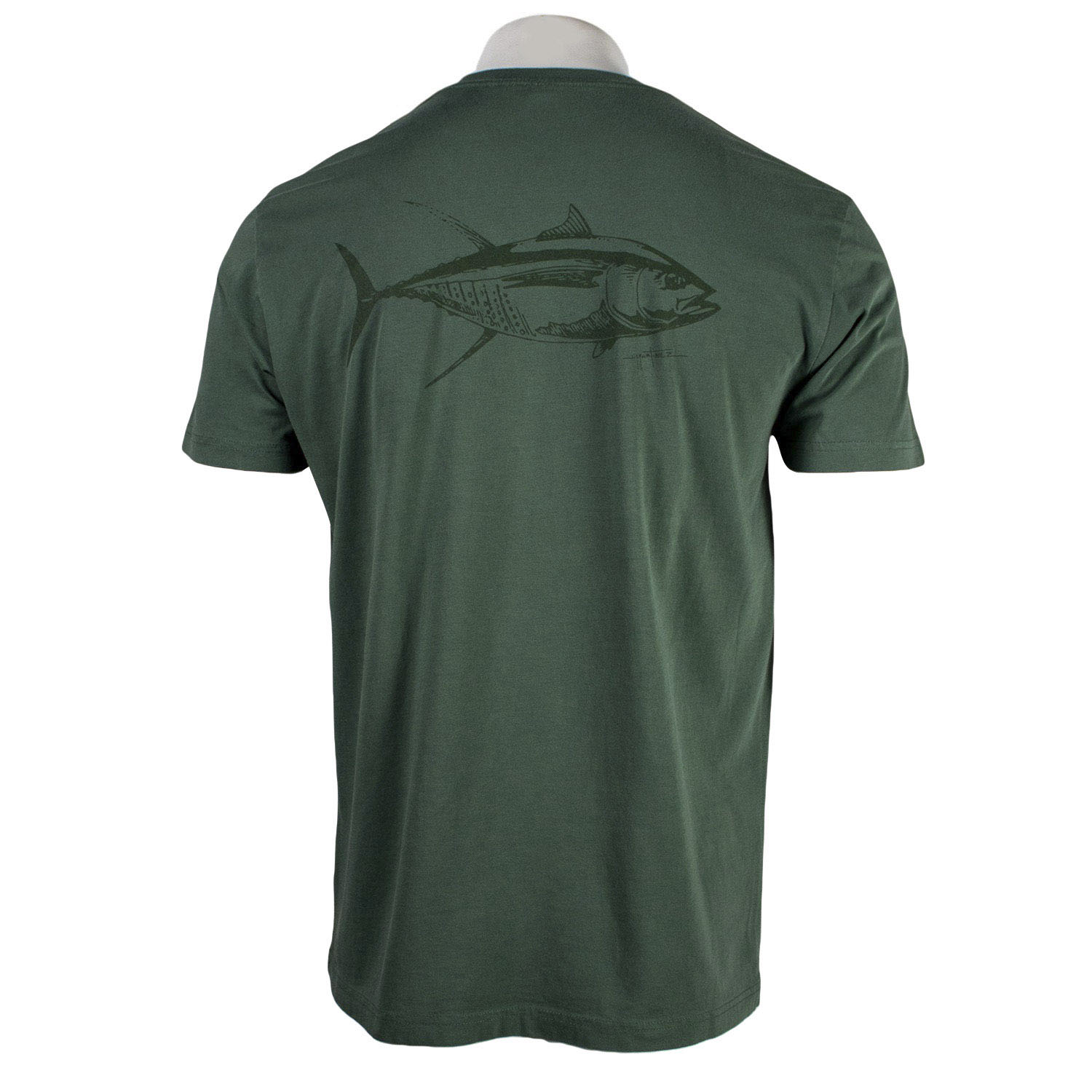 Back of a dark green tee with a Tuna design on the shoulder blades.