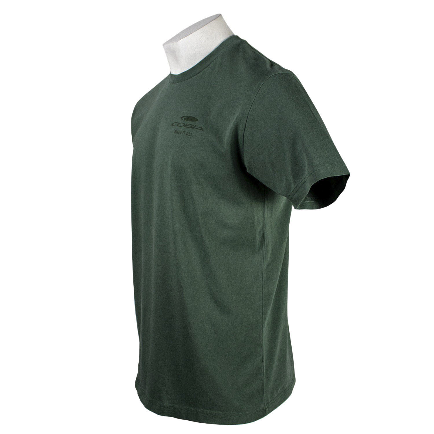 Side of a dark green tee with a cobia logo on the left chest.