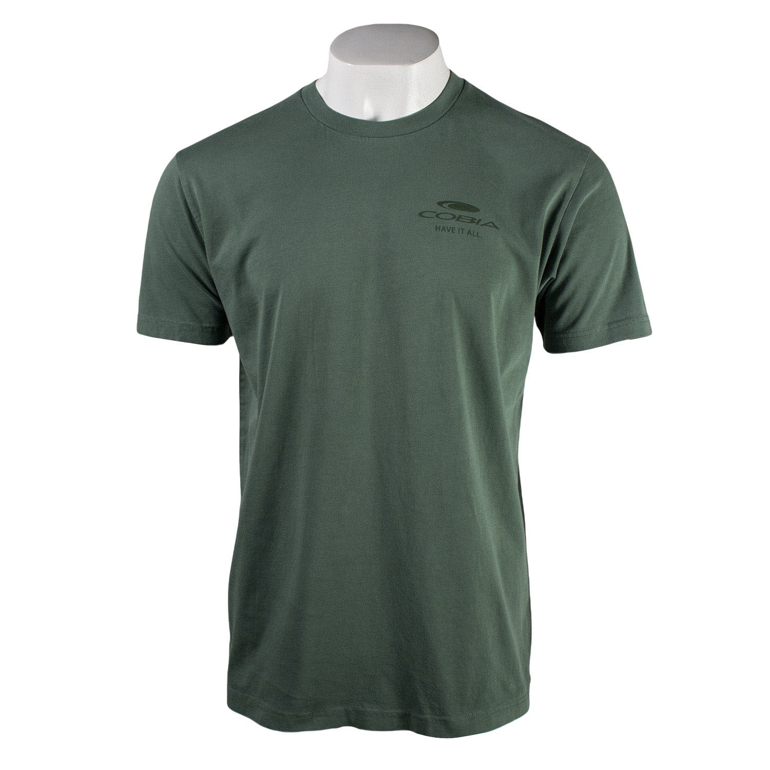 Front of a dark green tee with a cobia logo on the left chest.