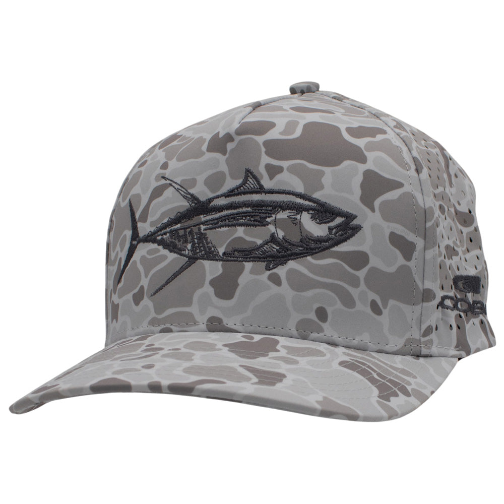 White and grey camouflage-patterned cap with a dark grey fish design embroidered on the front.