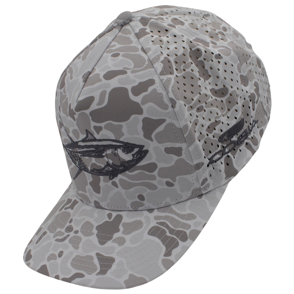 Side of a white and grey camouflage-patterned cap with a dark grey fish design on the front and a cobia logo on the side.