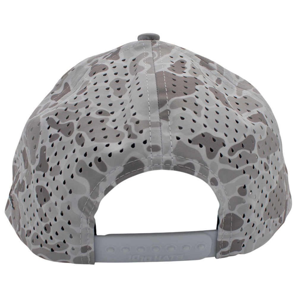 Back of a white and grey camouflage-patterned cap with ventilation holes and a snap back closure.
