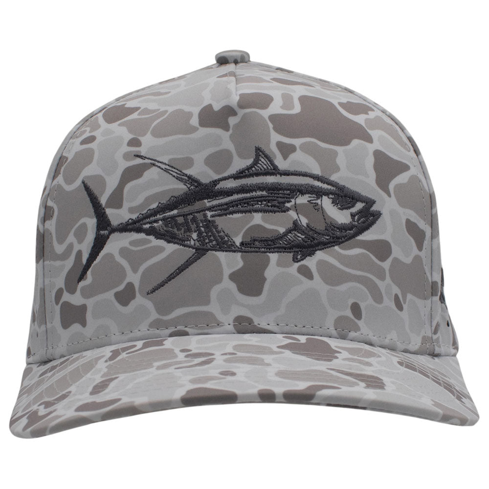 Front of a white and grey camouflage-patterned cap with a dark grey fish design embroidered on the front.