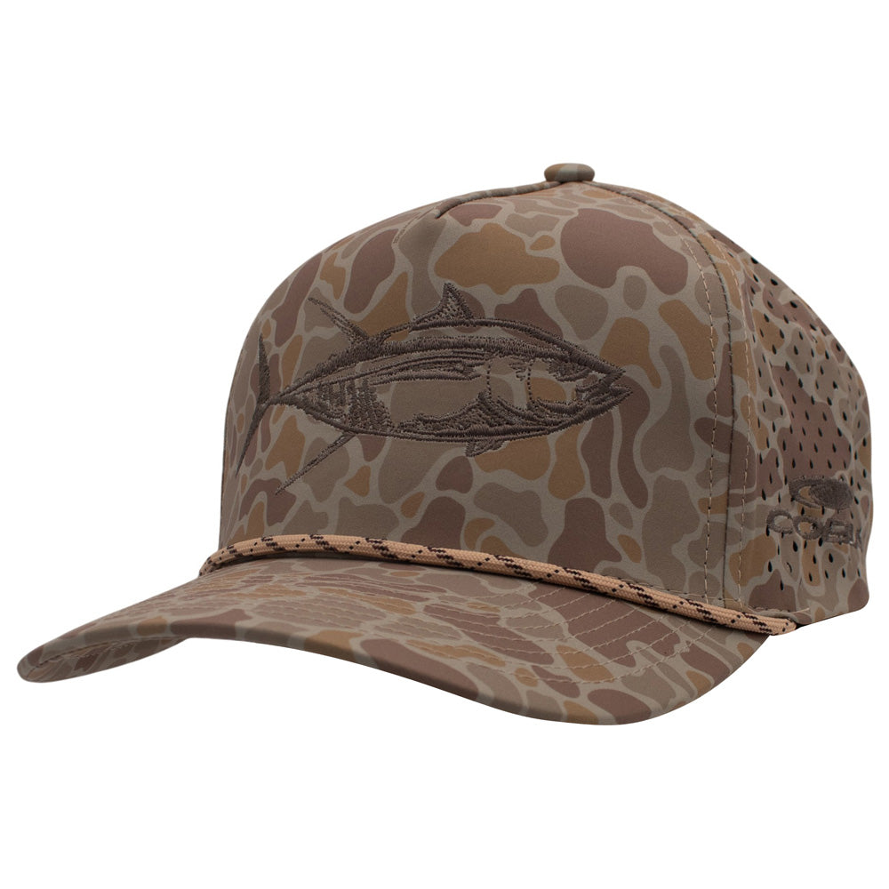 Brown camouflage-patterned cap with a dark brown fish design embroidered on the front.