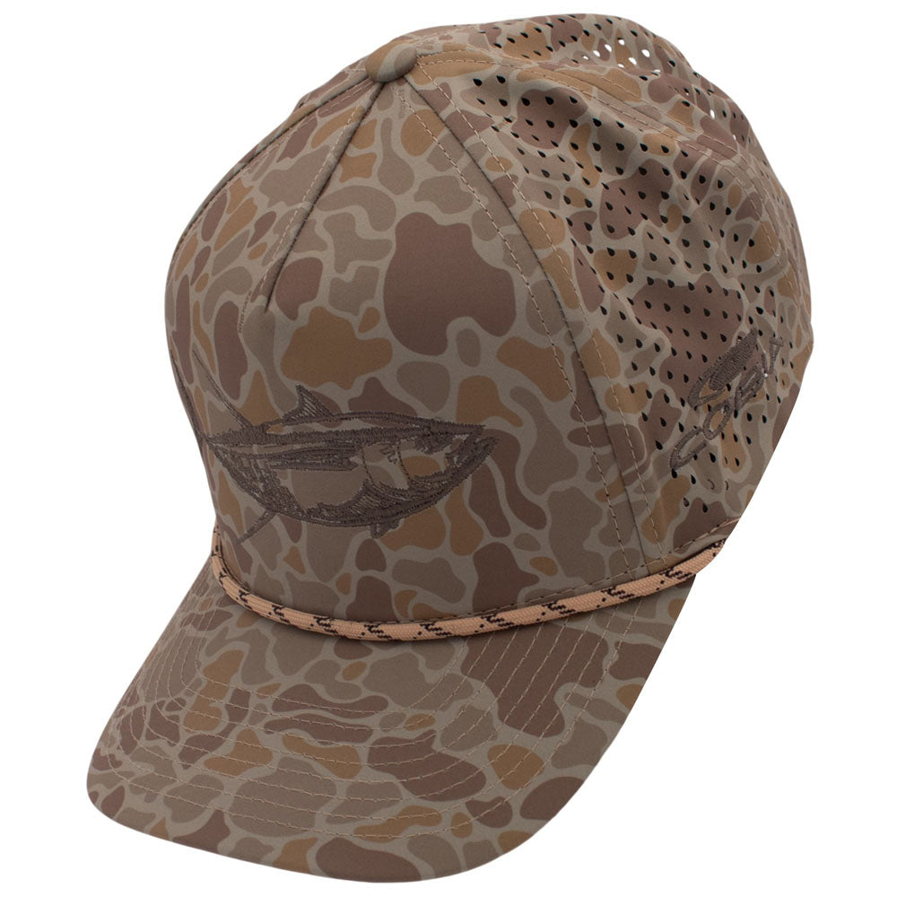 Side of a brown camouflage-patterned cap with a dark brown fish design on the front and a cobia logo on the side.