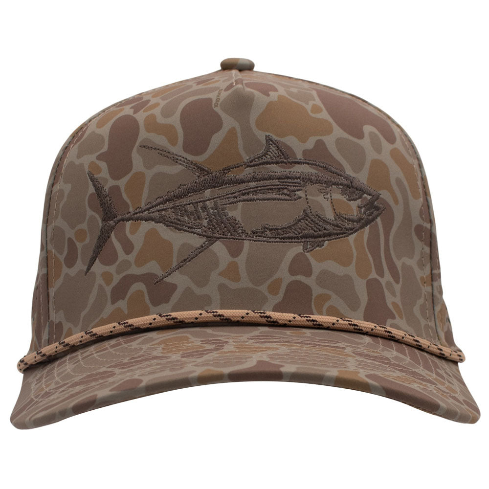 Front of a brown camouflage-patterned cap with a dark grey fish design embroidered on the front.