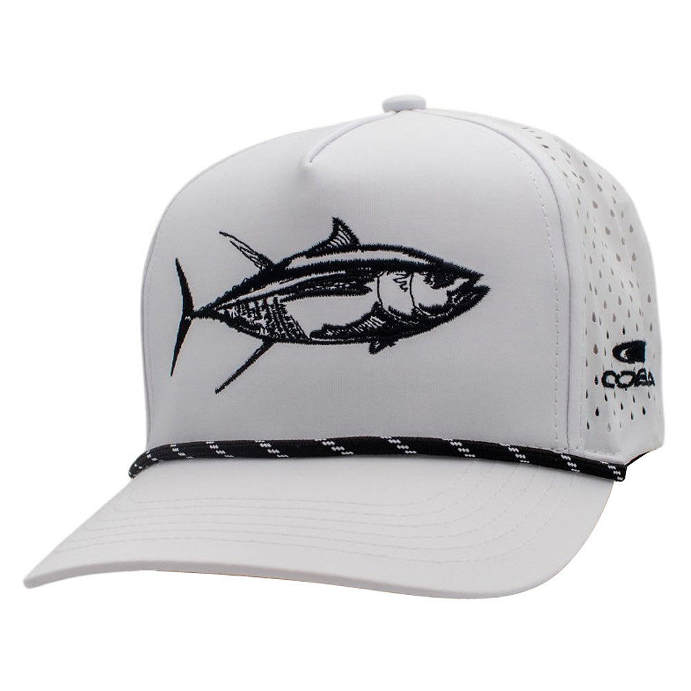 White cap with a black embroidered fish design on the front.