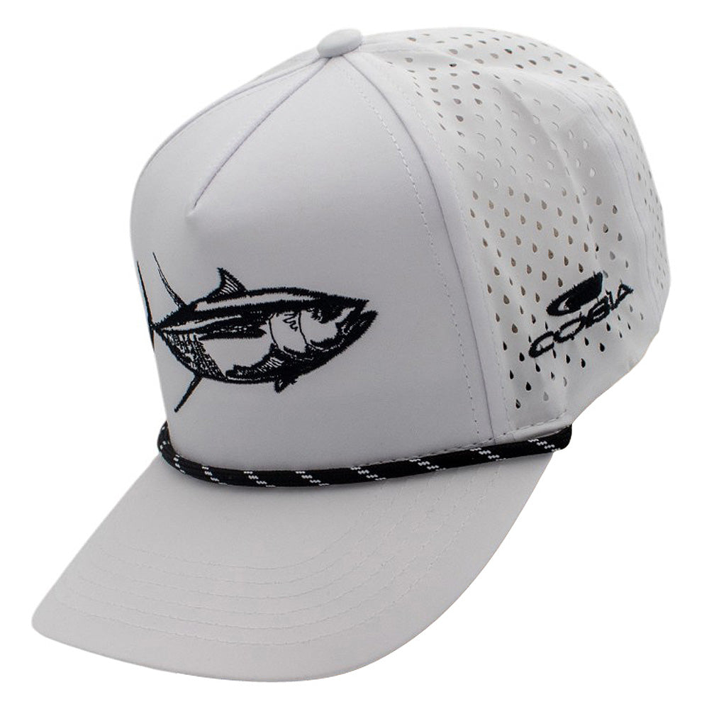 Side of a white cap with a black embroidered fish design on the front and a cobia logo on the side.