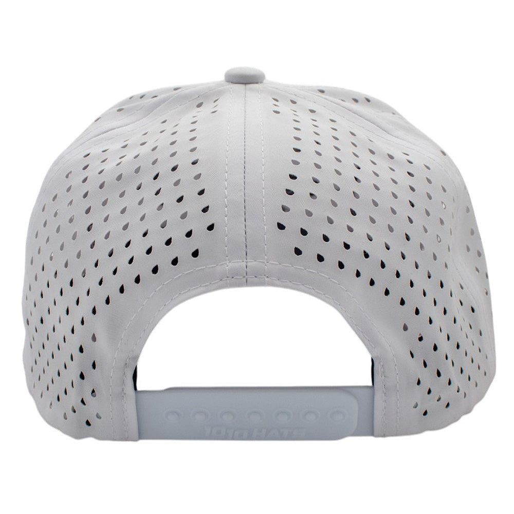 Perforated white cap with a snap back closure.