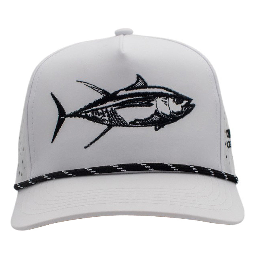 White cap with a black embroidered fish design on the front and a black rope across the bill.