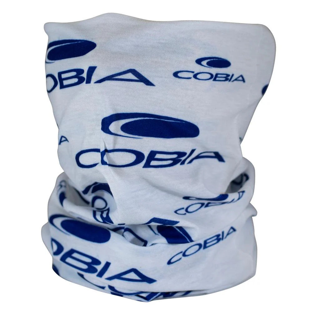White neck gaiter with navy blue Cobia logos across the fabric.