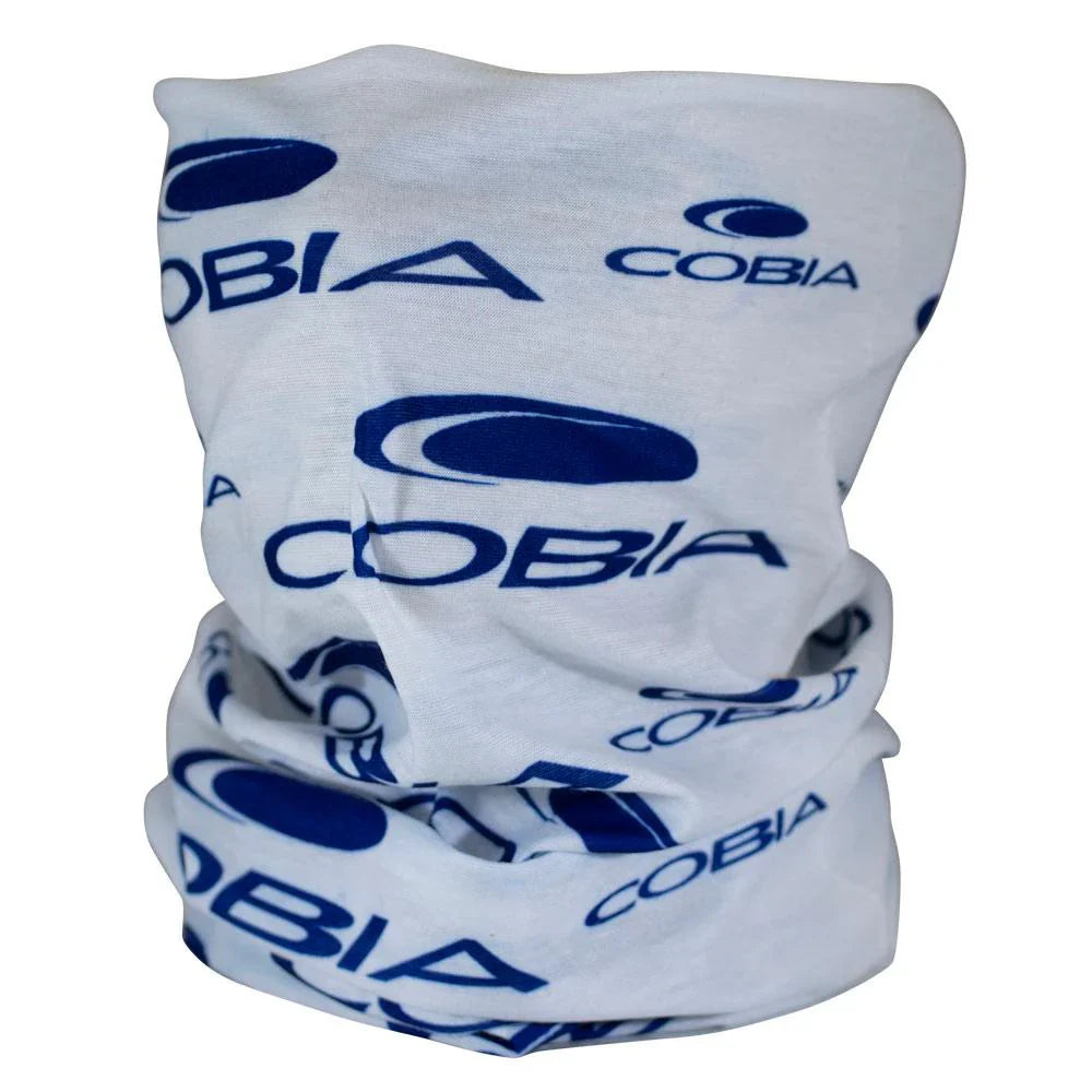 White neck gaiter with navy blue Cobia logos across the fabric.